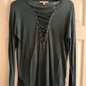 Express Deep Green Lace-Up Long Sleeve Top